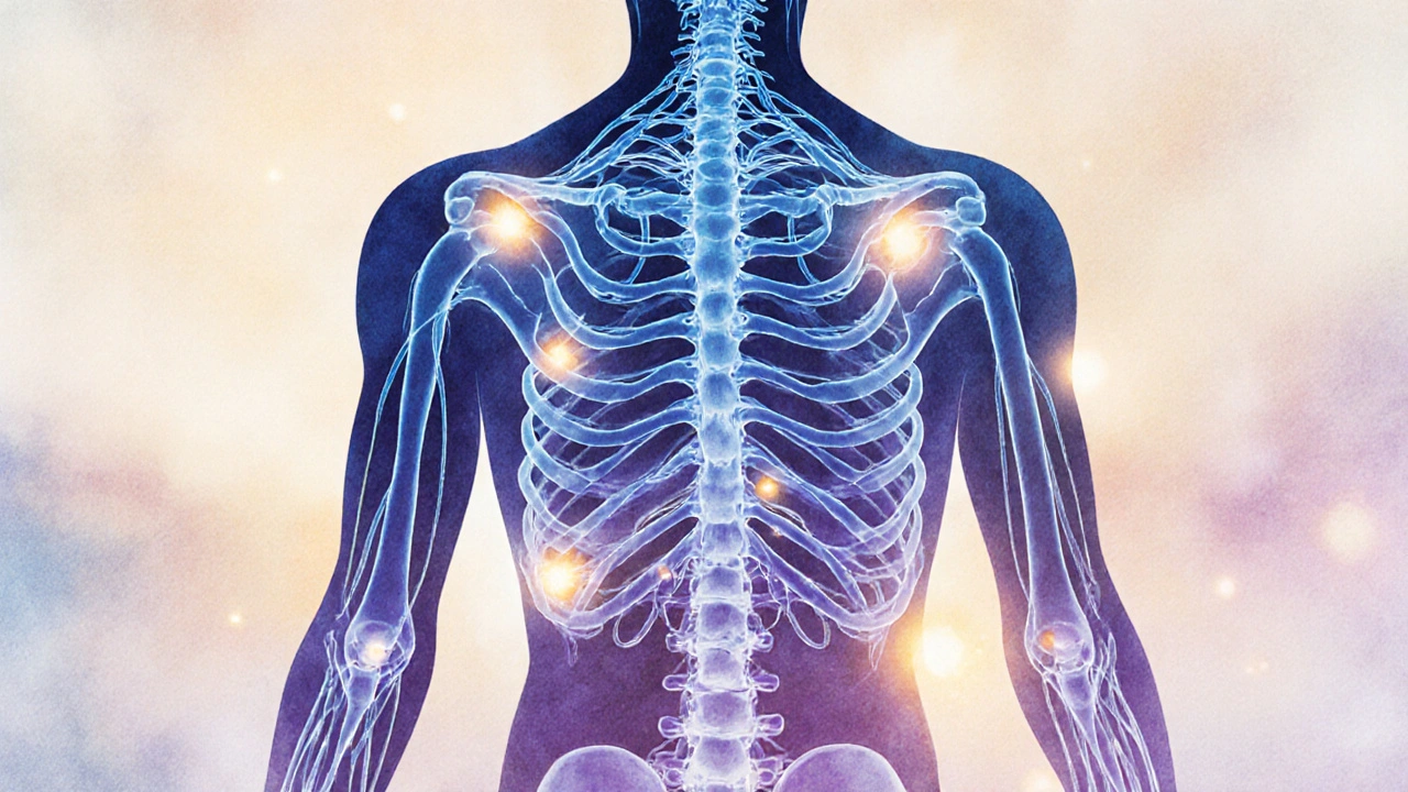 Abstraktní ilustrace nervového systému a uvolňování oxytocinu a serotoninu.