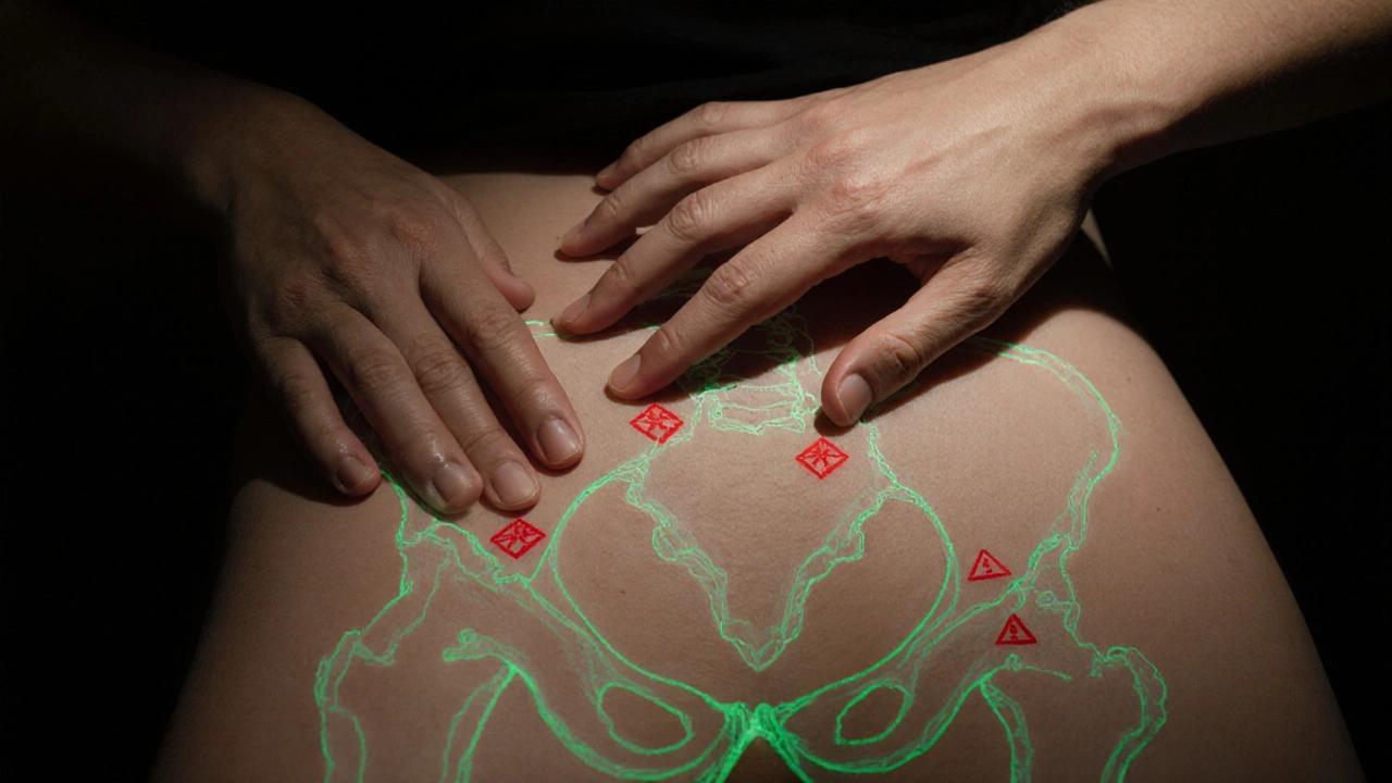 Dvě ruce se dotýkají kresby pánve na kůži, s označenými bezpečnými a varovnými zónami.