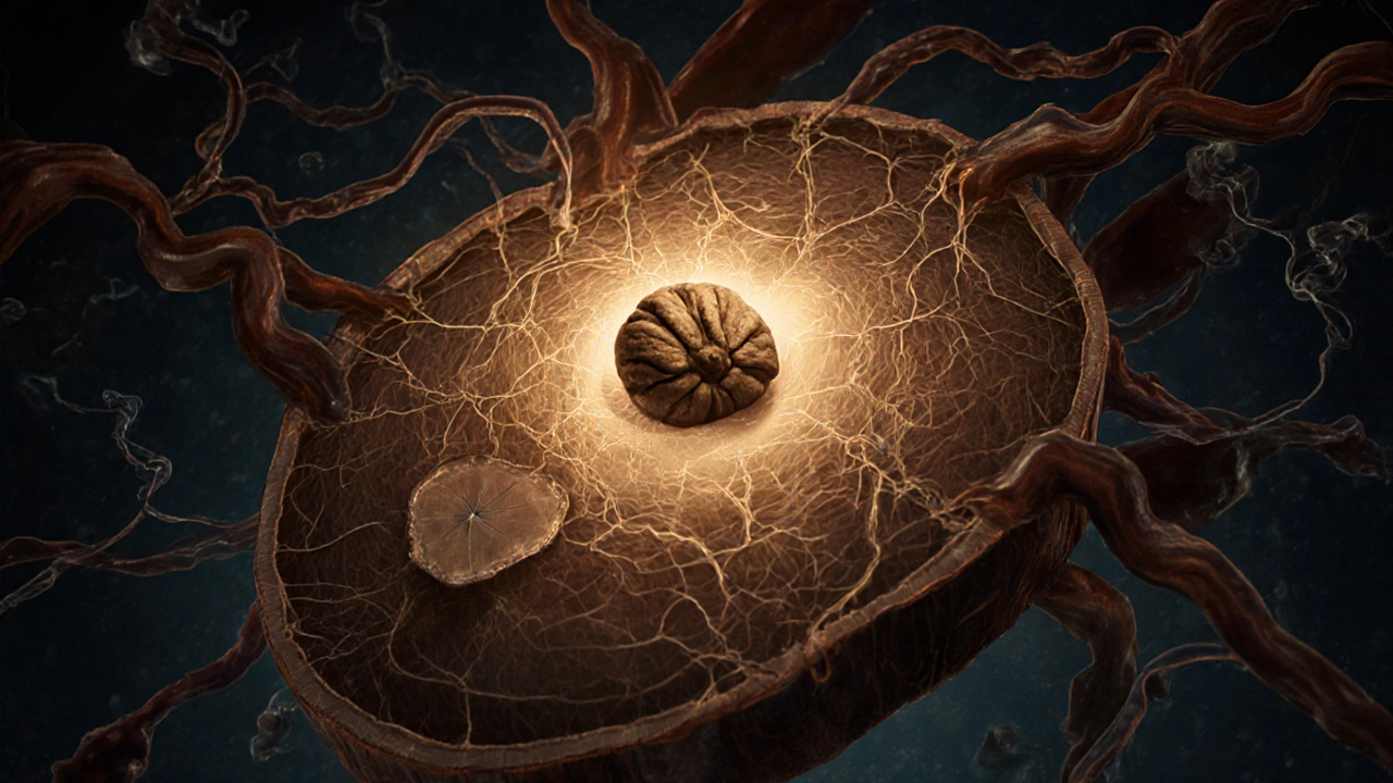 Křížový řez prostaty jako oříšku s proudy nervů a krevního oběhu, zářící v teplých tónůch.