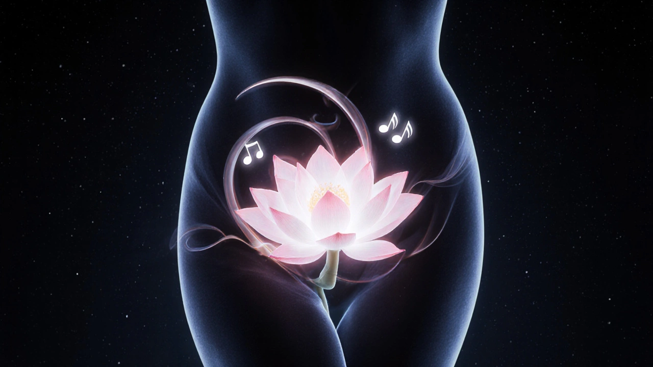 Lotus rozkvétá kolem pánve, symbolizuje relaxaci po yoni masáži.