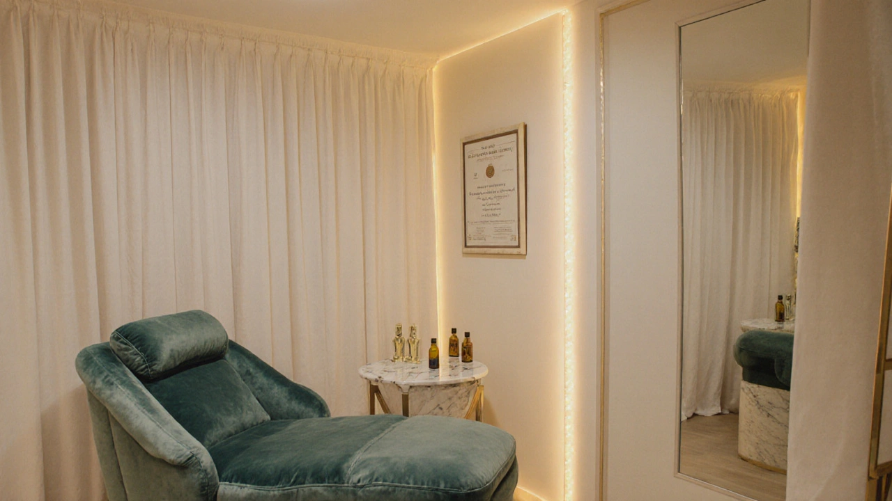 Luxurious salon interior with plush furniture, aromatic oils, and hygiene plaque.