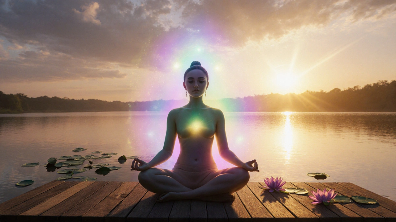 Osoba po masáži sedí u jezera při východu slunce, obklopena aurou.