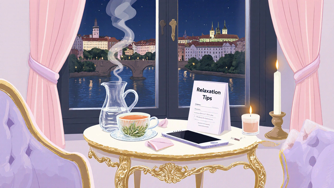 Relaxing lounge with tea, water, reservation phone, and Prague night view.