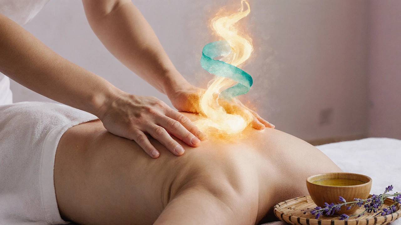 Ruce maséra jemně kloužejí po zádech, s viditelnou stoupající energii kundalini.