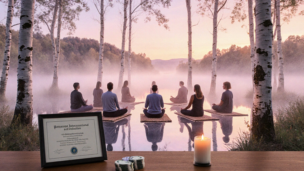 Účastníci meditují při úsvitu v lesním ústupu s diplomem a svíčkou.