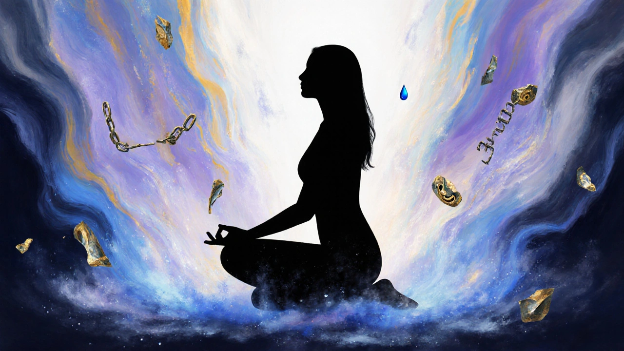 Abstraktní vyjádření emocionálního uvolnění: světlo vycházející z pánve, rozptylující se jako mlha.