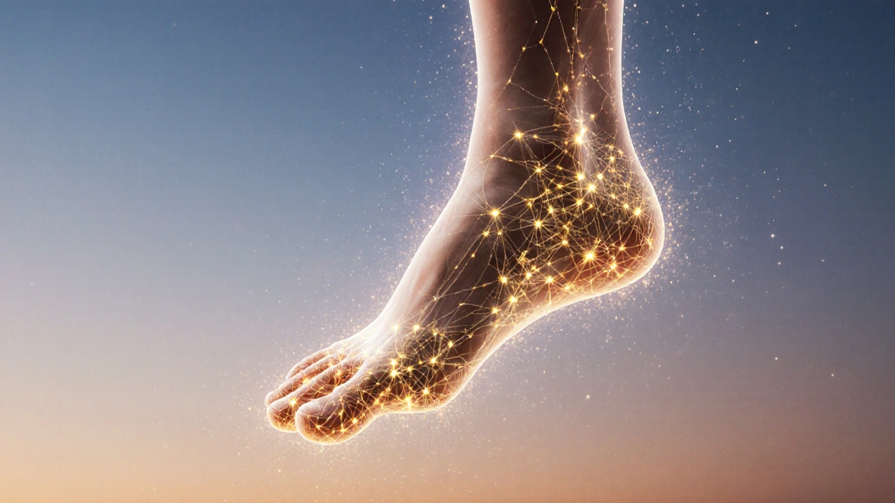 Abstraktní znázornění nohy s tisíci svítících nervových zakončení, která vyzáří klid a připojení.