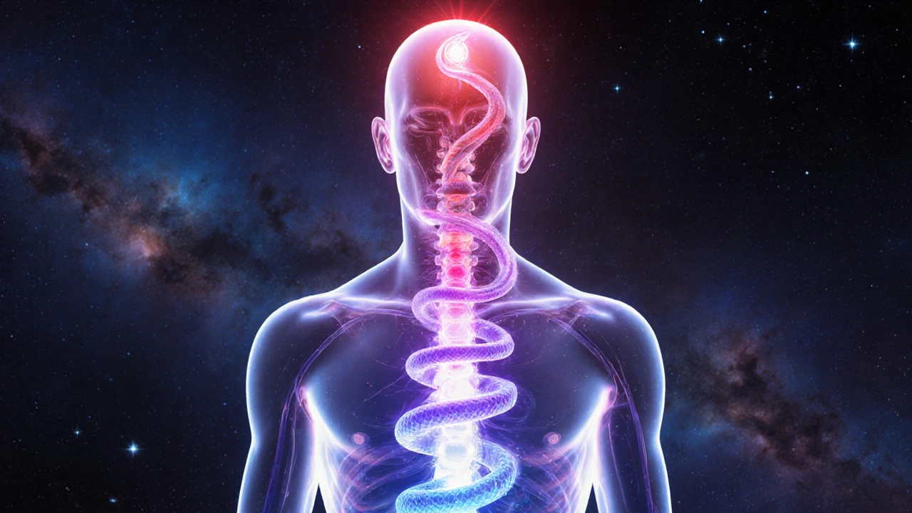 Abstraktní znázornění sedmi bleskujících čakr podél páteře, kde se had kundalini unáší vzhůru, měnící tmavé bloky na světlo.