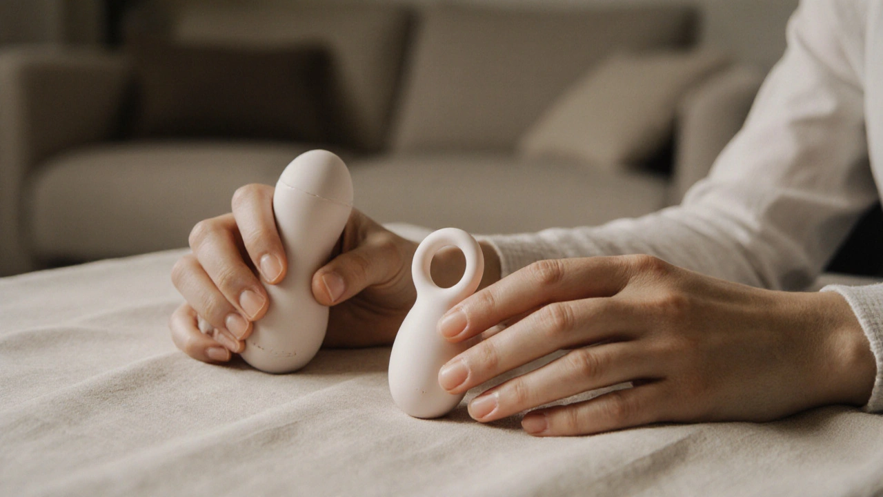 Dva lidé drží různé typy vibrátorů na lnu, symbolizující společné objevování.