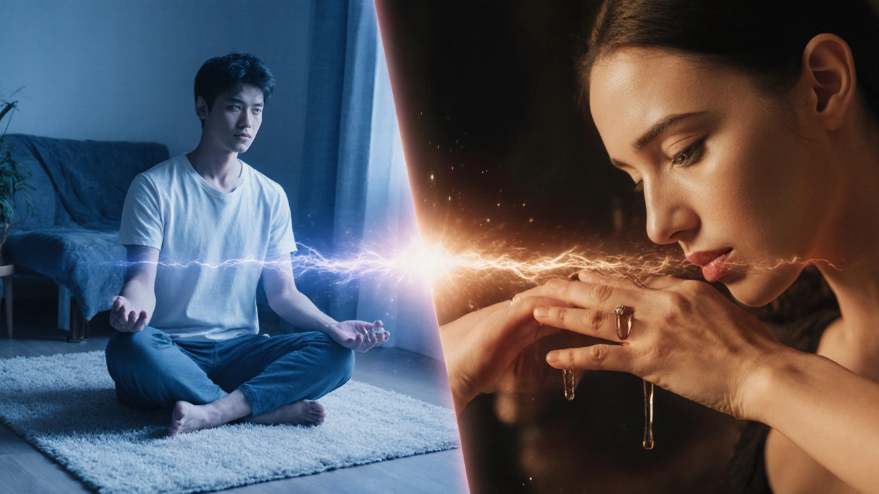 Dvě scény spojené energií: samotná domácí masáž a intenzivní masáž od jiné osoby.