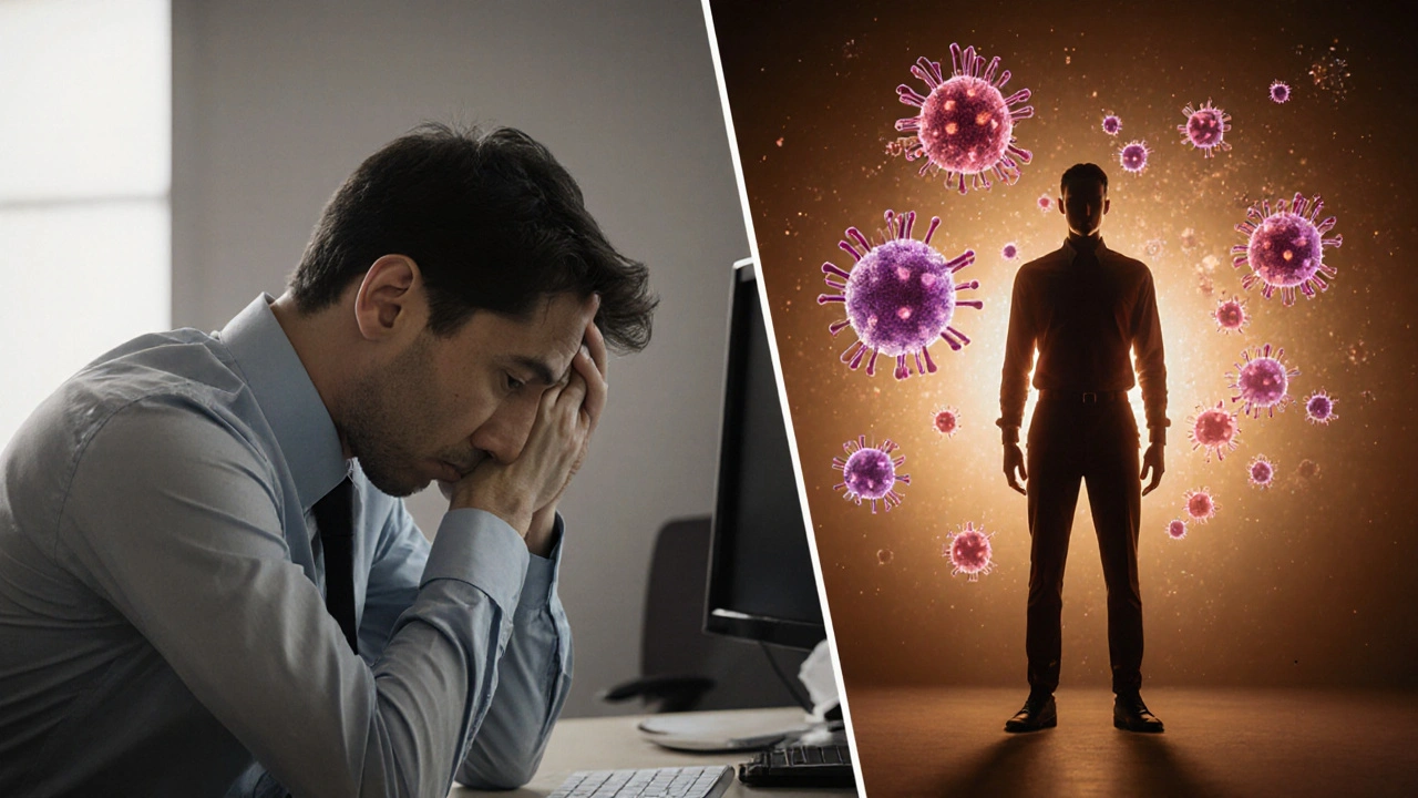 Dvě strany jedné osoby: jedna v úzkosti a šedi, druhá v energii a zlatém světle – symbolizující přechod od přežívání k regeneraci.