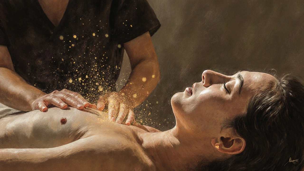 Masér jemně pohybuje rukama nad zády klienta, když se energie volně pohybuje po páteři, klient má na tváři klidný výraz.