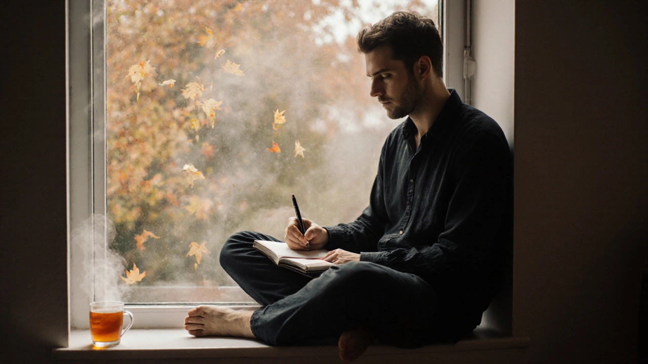 Muž sedí u okna s sešitem, pozoruje listy padající venku — klidný okamžik po tantrické praxi.