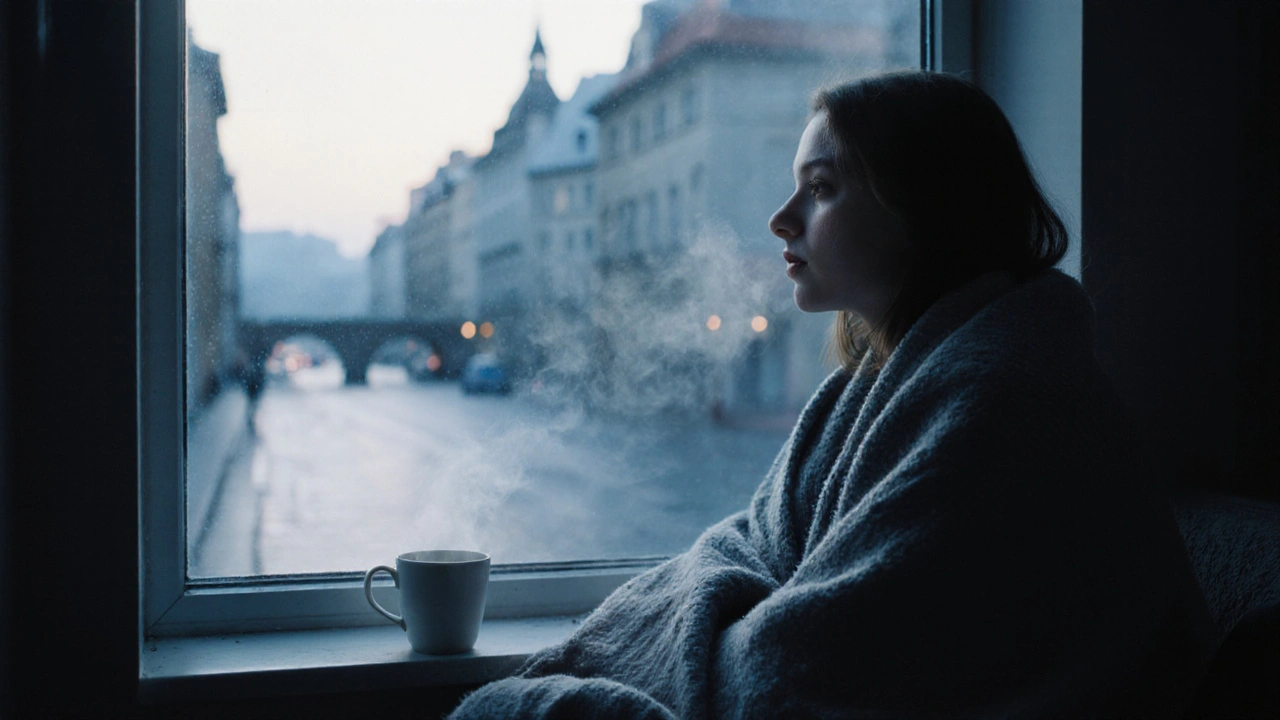 Osoba sedí u okna v ranním světle, zabalena do plátna, slzy na tváři, klidný výraz, město spí za ní.