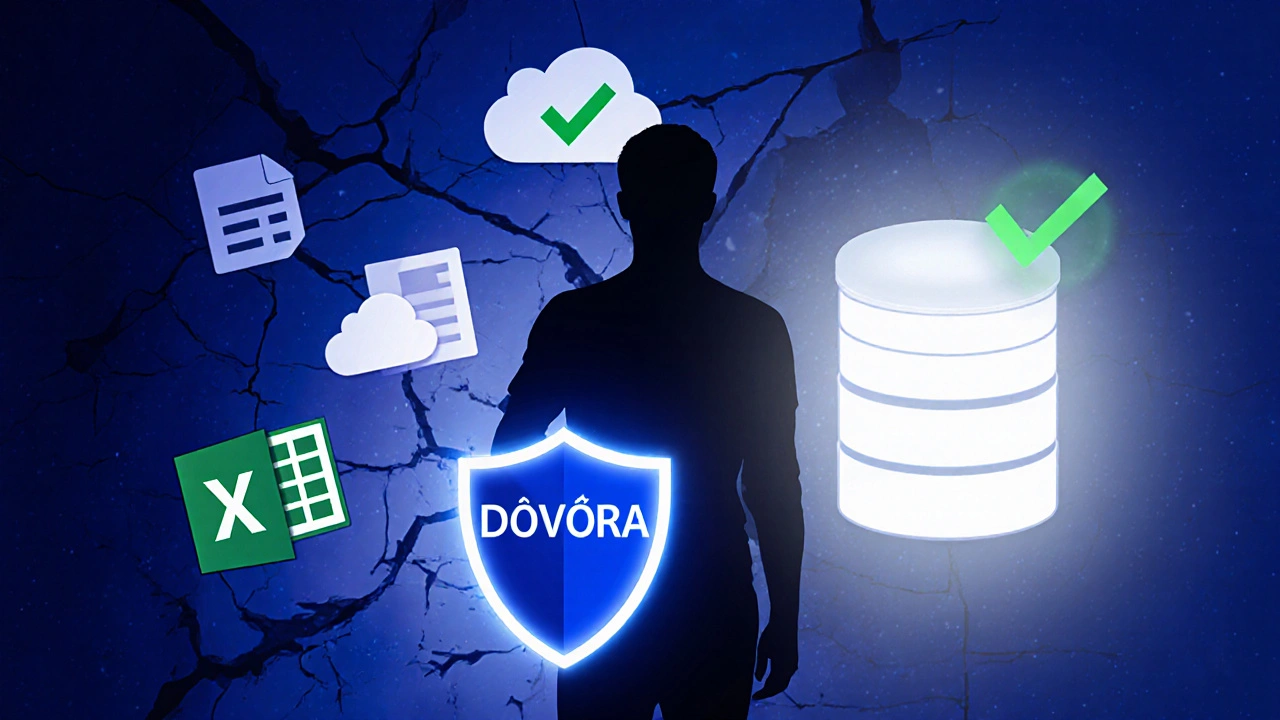 Postava s štítem důvěry stojí před zřícením nebezpečných praxí, za ní bezpečná databáze.