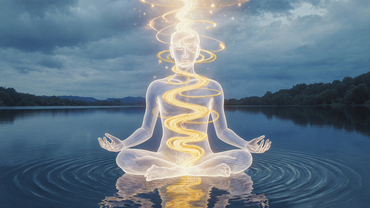 Průhledný lidský obraz s zlatými vlnami energie proudícími z pánve až k prstům, reflektující se v klidném jezeře.