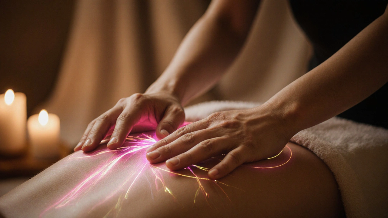 Ruce maséře vyzařují energii při masáži sakrální oblasti, zatímco klient klidně leží.