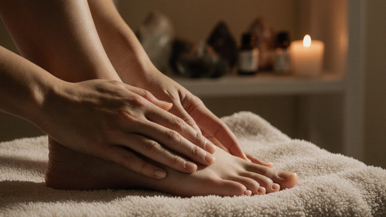 Ruka jemně pokrývá nohu, druhá ruka visí nad ní, jen tichá přítomnost a teplé osvětlení.