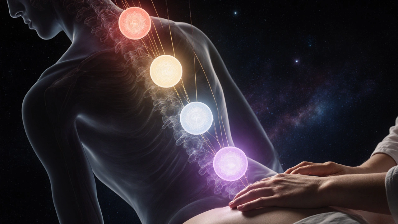 Sedm čakr jako zářící koule vedených zlatými vlákny k rukám maséře.