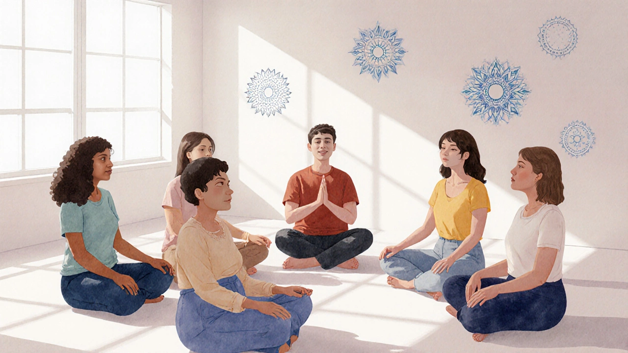 Skupina lidí sedí v kruhu v klidné místnosti, oči zavřené, dýchají hlboce, sluneční světlo proniká okny.