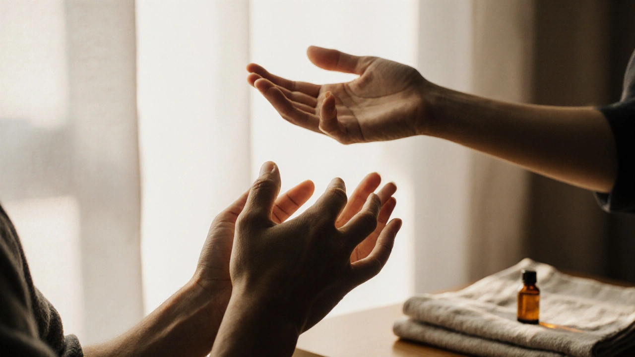 Terapeutova ruka se blíží k ruce osoby s autistickým spektrem, bez kontaktu, v klidném prostředí.