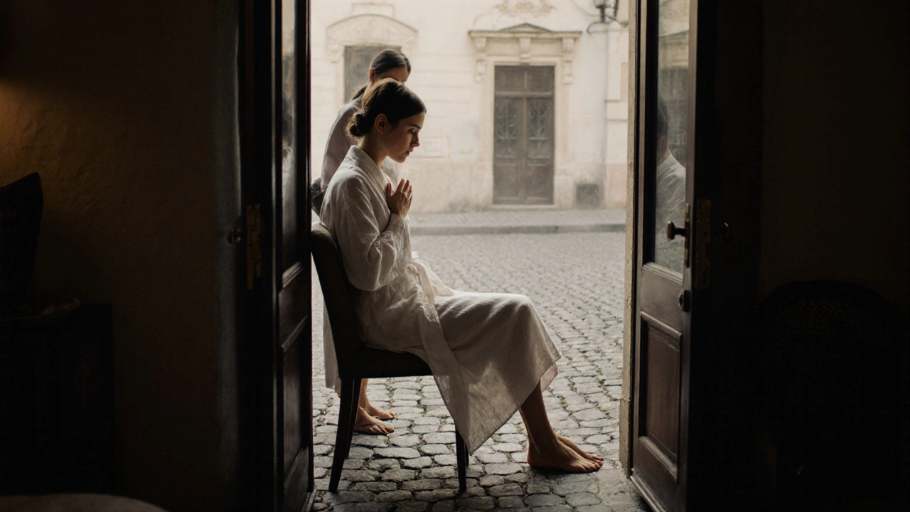 Tichá chvíle před masáží v pražském salónu: klient sedí s zavřenýma očima, masérka stojí s úctou.