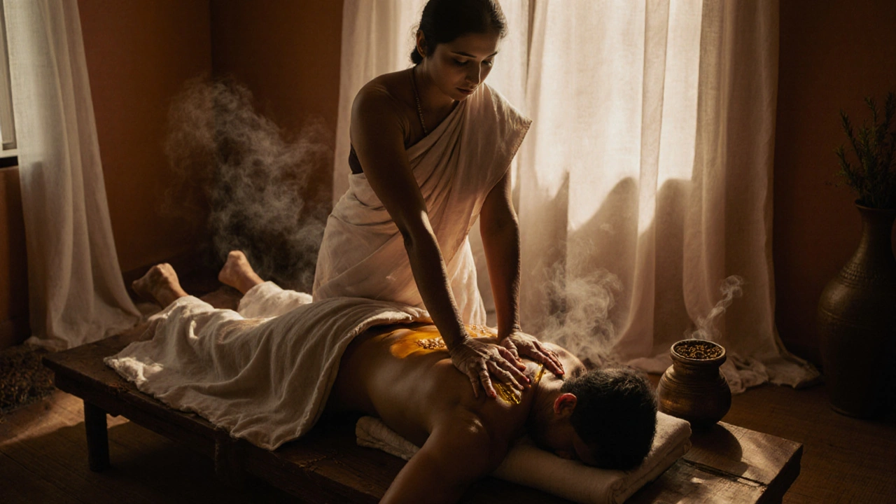 Tradiční ayurvédská masáž s teplým olejem prováděná na dřevěné ploše s bylinnými vůněmi v pozadí.