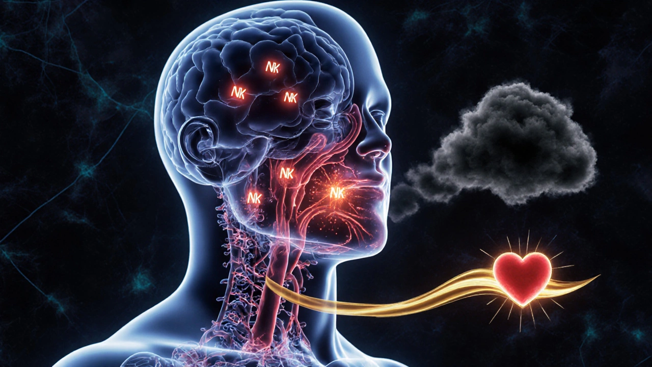 Transparenční ilustrace lidského těla s aktivními imunitními buňkami, lymfatickými cévami a rozptylujícími se stresovými hormony.