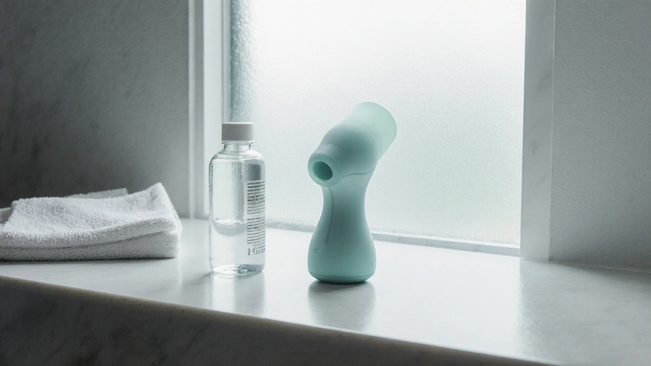 Univerzální masážní strojek na koupelnové lavici s lubrikantem a čistým hadříkem.