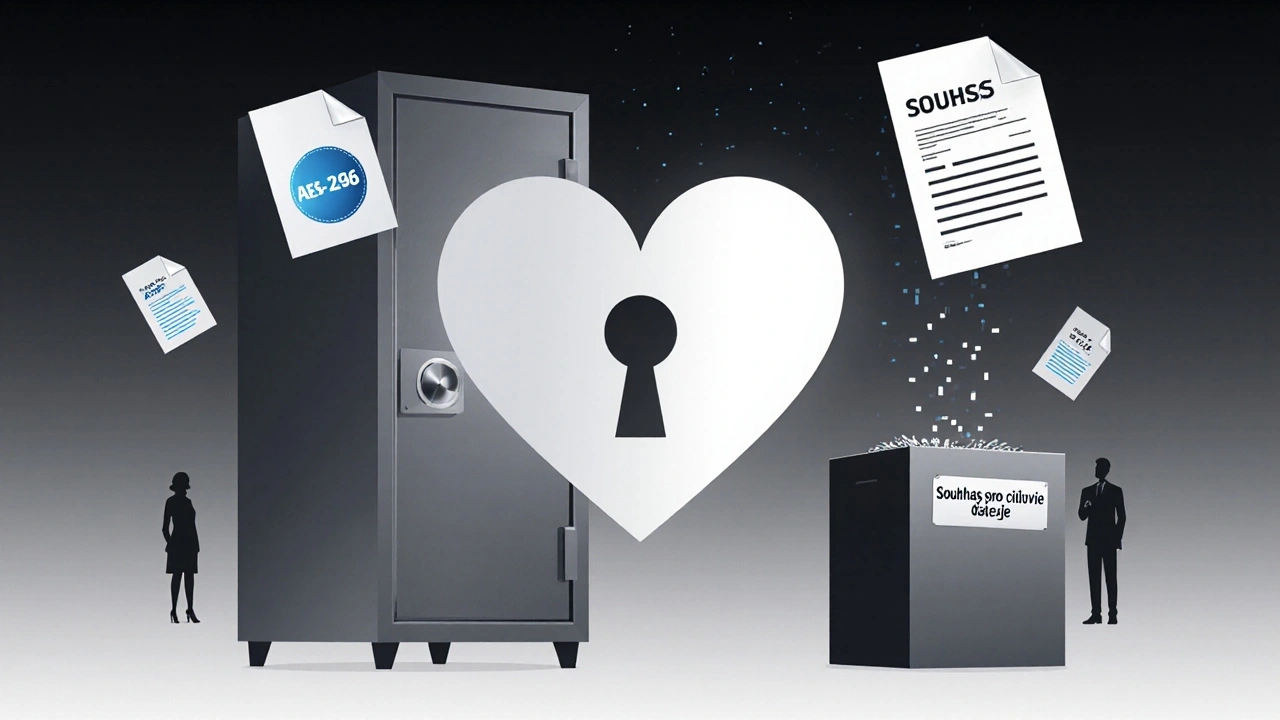 Zamčená skříň s klíčem ve tvaru srdce a šifrované soubory symbolizující ochranu citlivých dat.