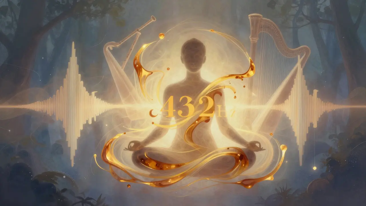 Abstraktní vizualizace 432 Hz frekvence jako teplých zlatých toků kolem meditující postavy.