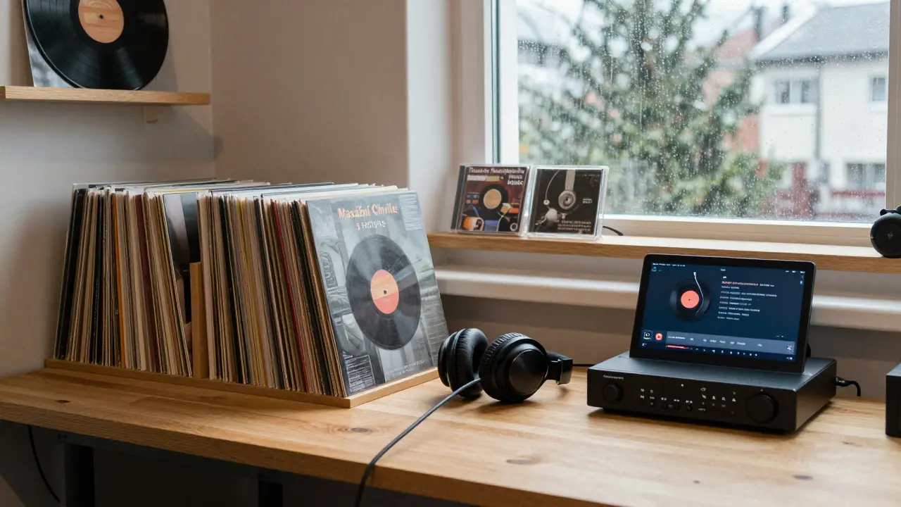 Česká hudební studio s alby tantrické hudby a sluchátky na stole při měkkém denním světle.