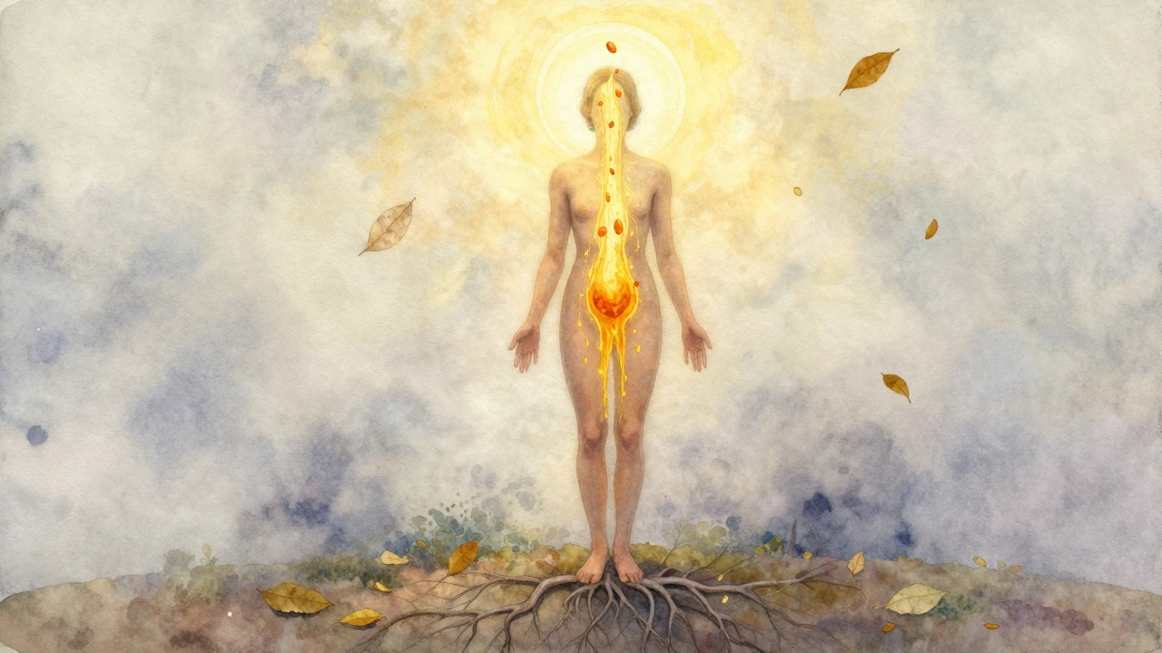 Člověk s kořeny do země a zlatými proudy krve stoupajícími k hlavě, symbolizujícími obnovu energie.