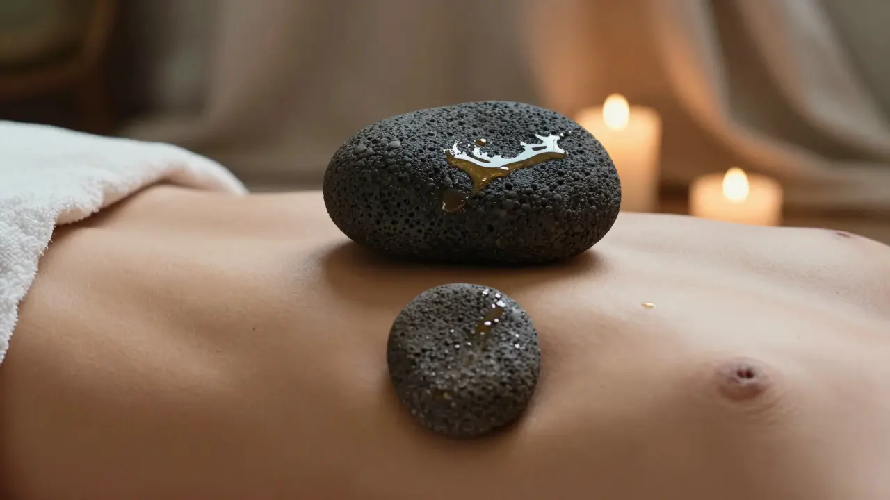 Dva lávové kameny leží na hrudníku a břiše, září jemným světlem, zrcadlí se v oleji na kůži.