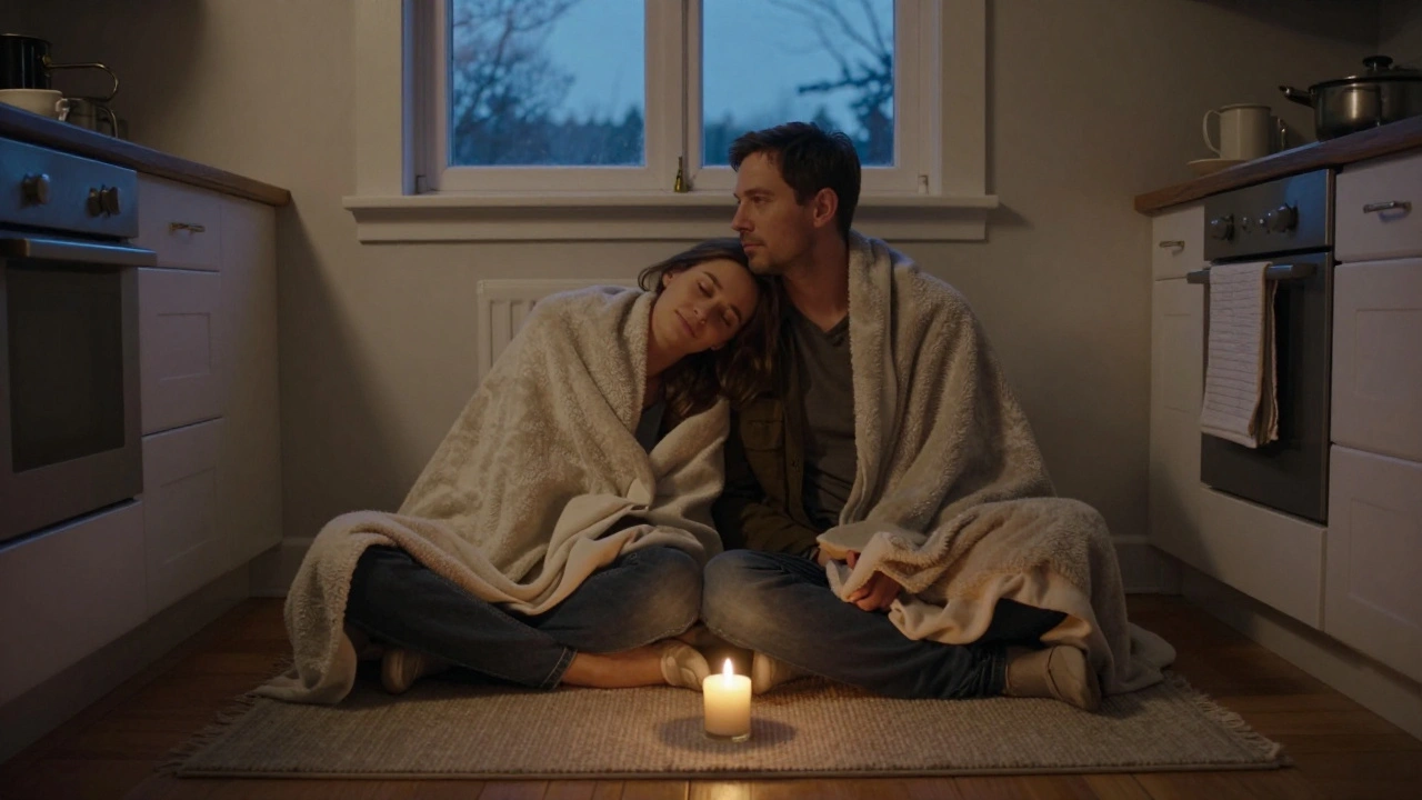 Dvojice sedí v kuchyni večer, bez technologií, jen v klidném kontaktu, osvětlená slabým světlem svíčky.