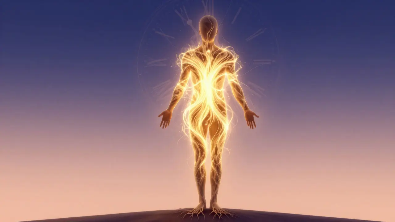Lidský obraz rozpadající se do zlatého světla, symbolizující přeměnu těla v energii a klid.