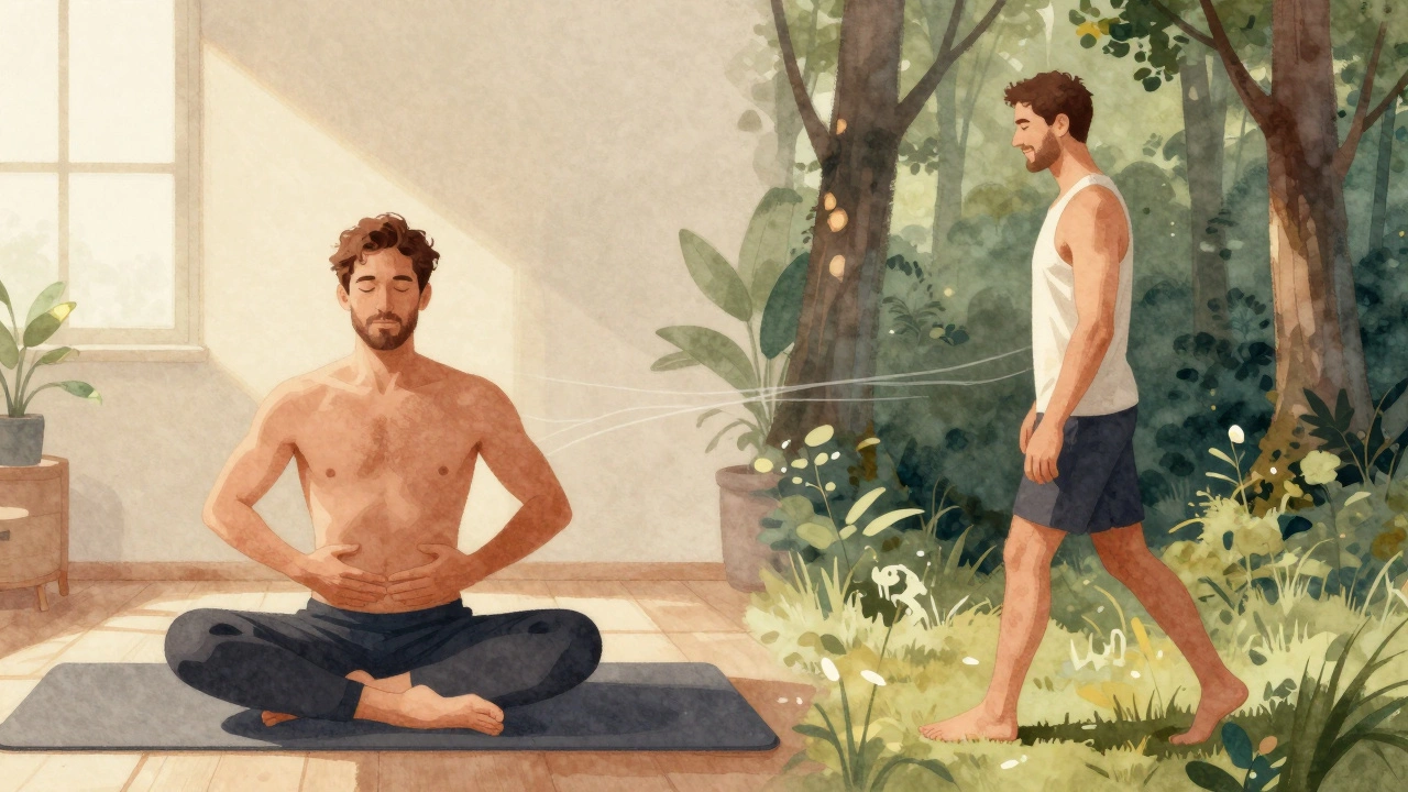 Muž dělá Kegelovy cviky doma a později klidně kráčí v lese — symbol zlepšeného pohybu energie.