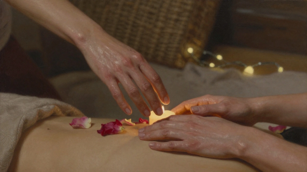 Ruce se dotýkají na zádech, bez obličejů, jen s náznakem oleje a světla, které zdůrazňuje spojení.