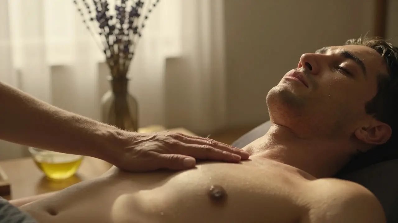 Ruka maséře jemně dotýká hrudníku muže, jeho tvář je uvolněná, slzy jemně září v záři slunce.