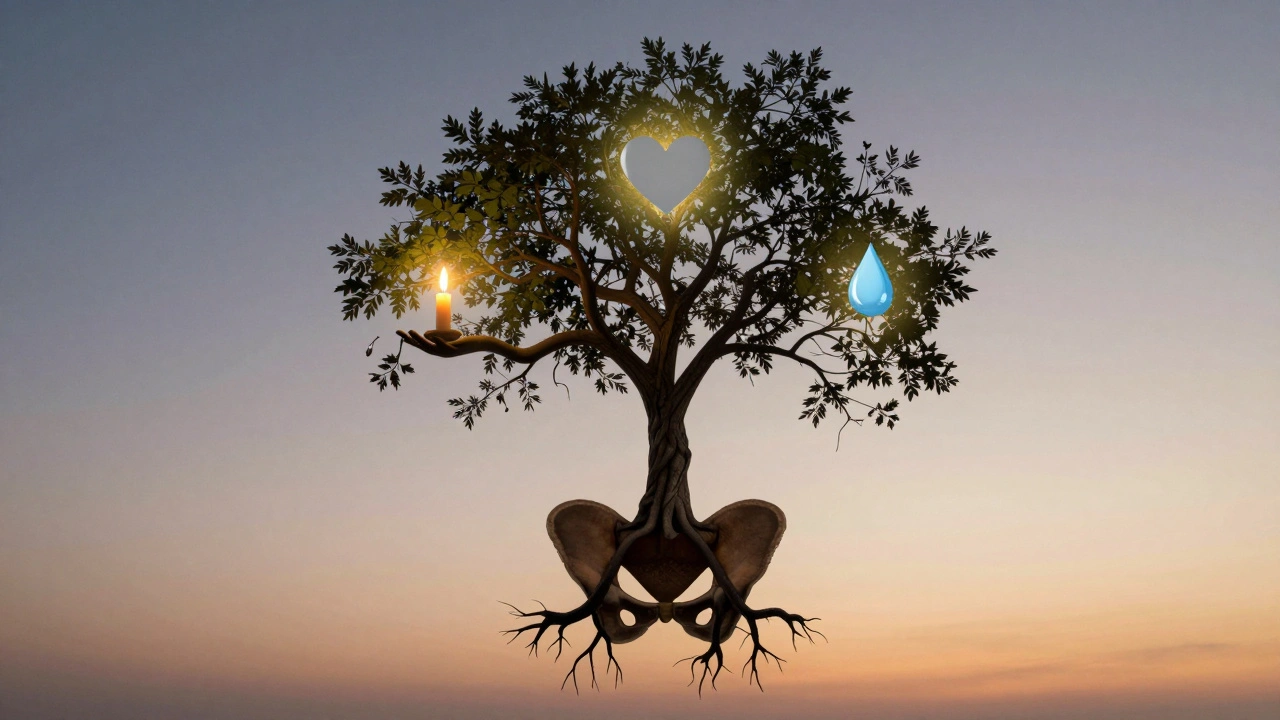 Strom rostoucí z pánve muže symbolizuje trvalé zdraví, spojení a vnitřní klid.