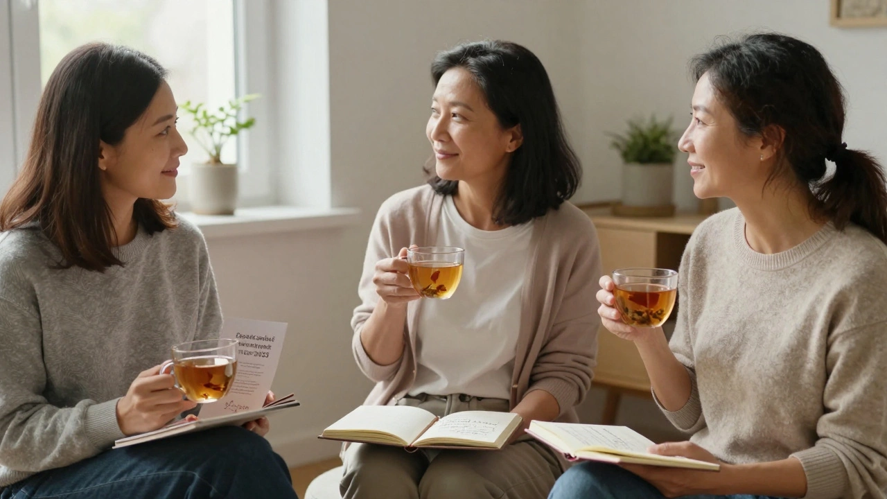 Tři ženy po menopauze se spolu klidně baví a sdílejí zkušenosti s komplementární léčbou.