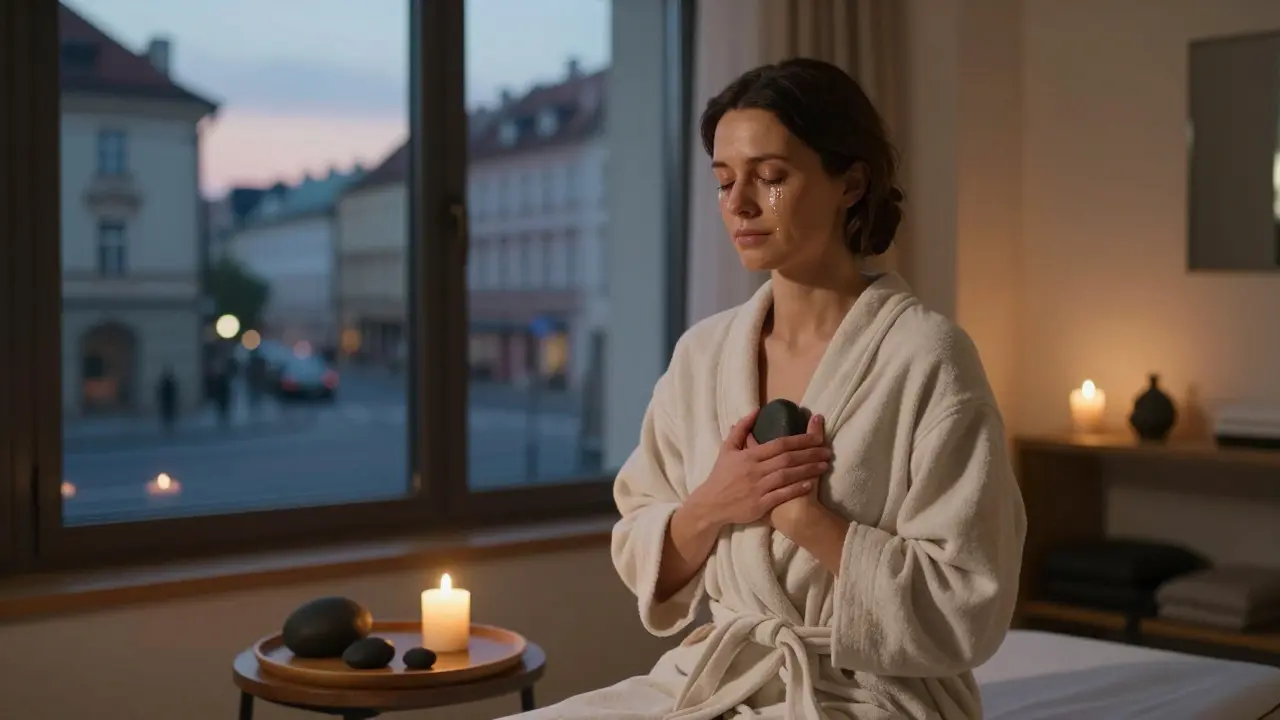 Žena po masáži drží teplý kámen na srdci, oči zavřené, slzy na tváři, v pozadí svíčka a ticho.