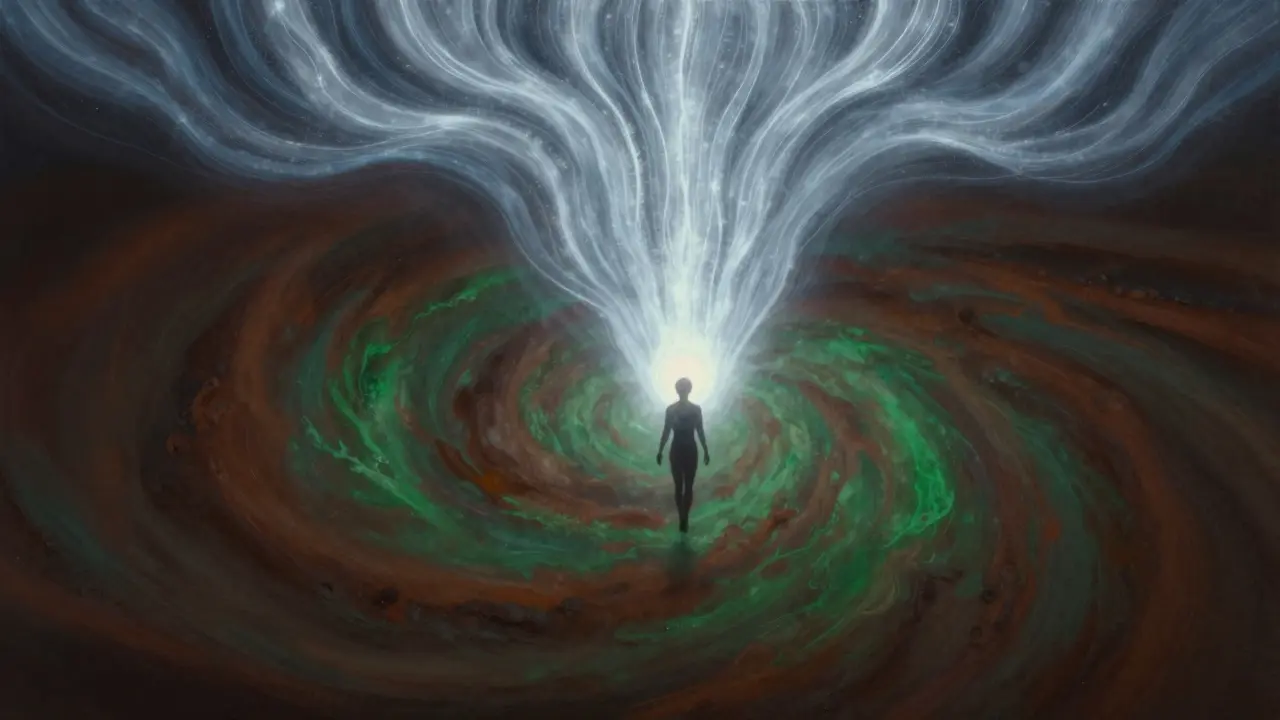 Abstraktní obrázek spojení zemské a nebeské energie v těle jako světelného proudu.