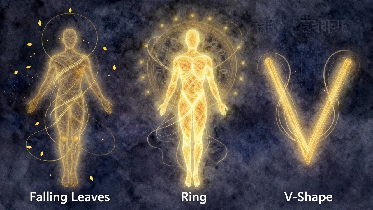 Abstraktní vodové kresby znázorňující tři techniky lingam masáže jako proudy zlaté energie na těle muže.