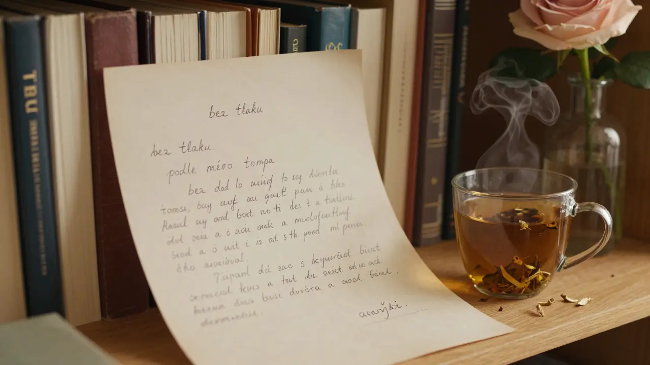 Anonymní dopis s referencemi na tantrickou masáž vedle šálku čaje na dřevěné polici.