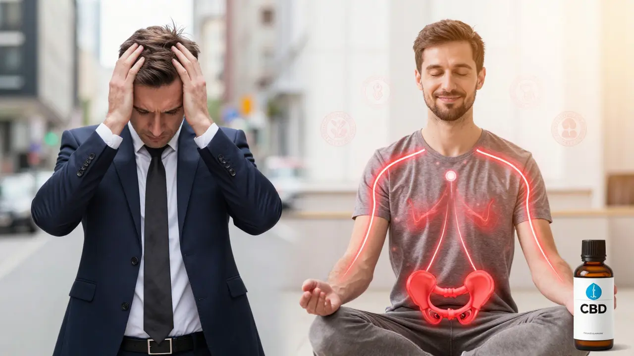 Dvoučástný obraz: muž v stresu vlevo, uvolněný a spojený se svým tělem vpravo, s vize zlepšeného krevního oběhu.