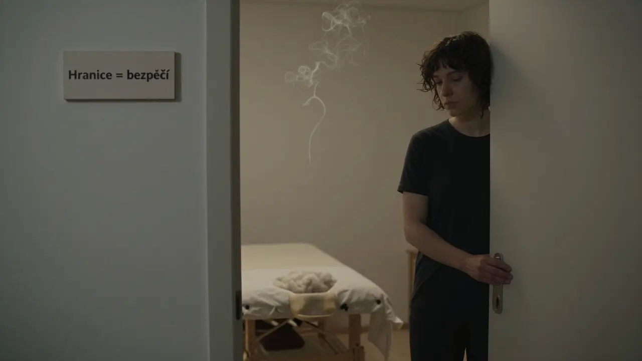 Osoba před vchodem do masážního studia v Brně, zvažující vstup do bezpečného prostoru.