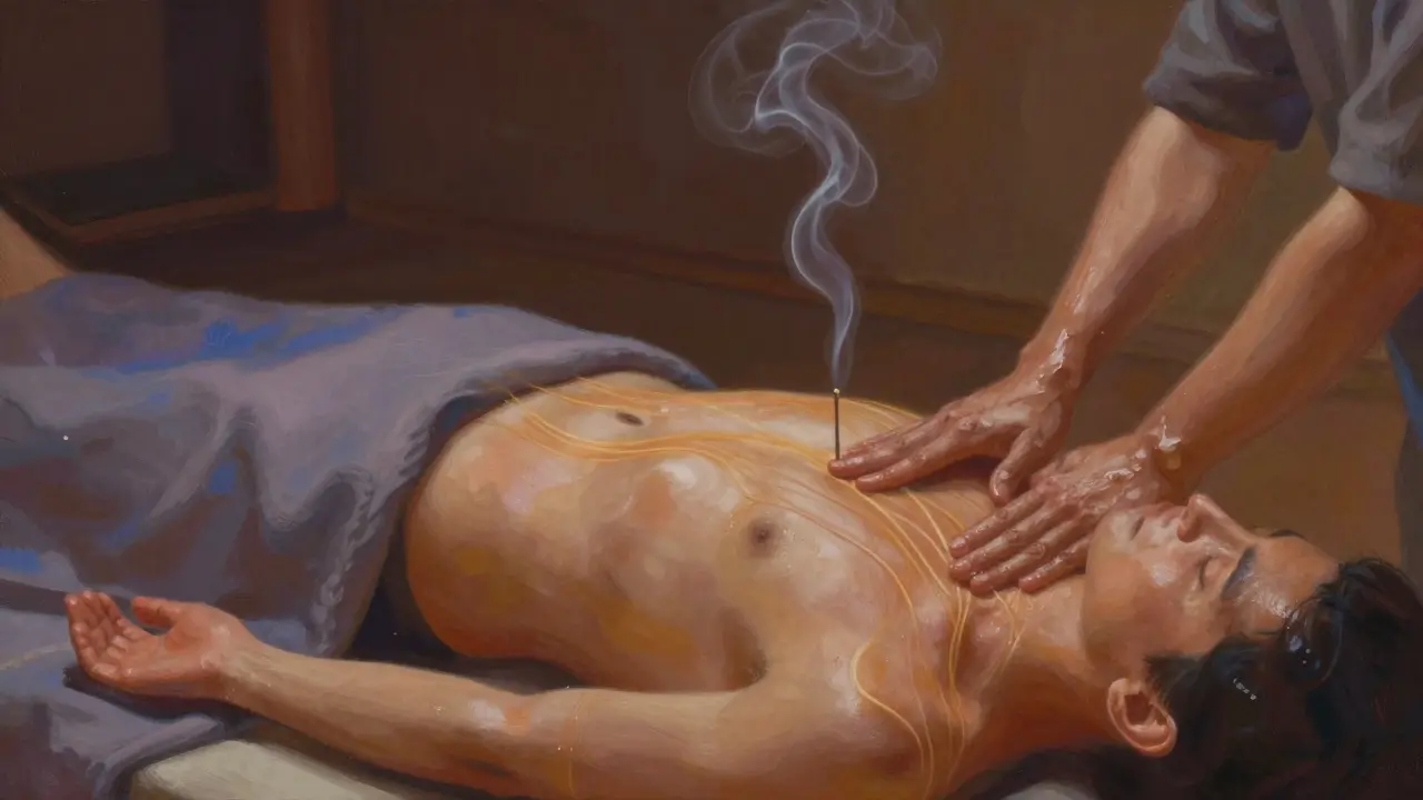 Tantrická masáž: ruce terapeuta pomalu sledují energii od nohou k hlavě.