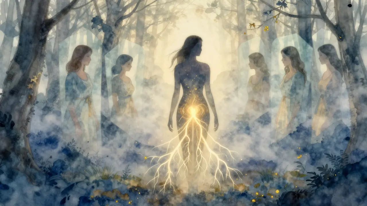 Žena ve výhledu lesa je obklopena světelnými energiemi, které se táhnou z jejího těla do země.