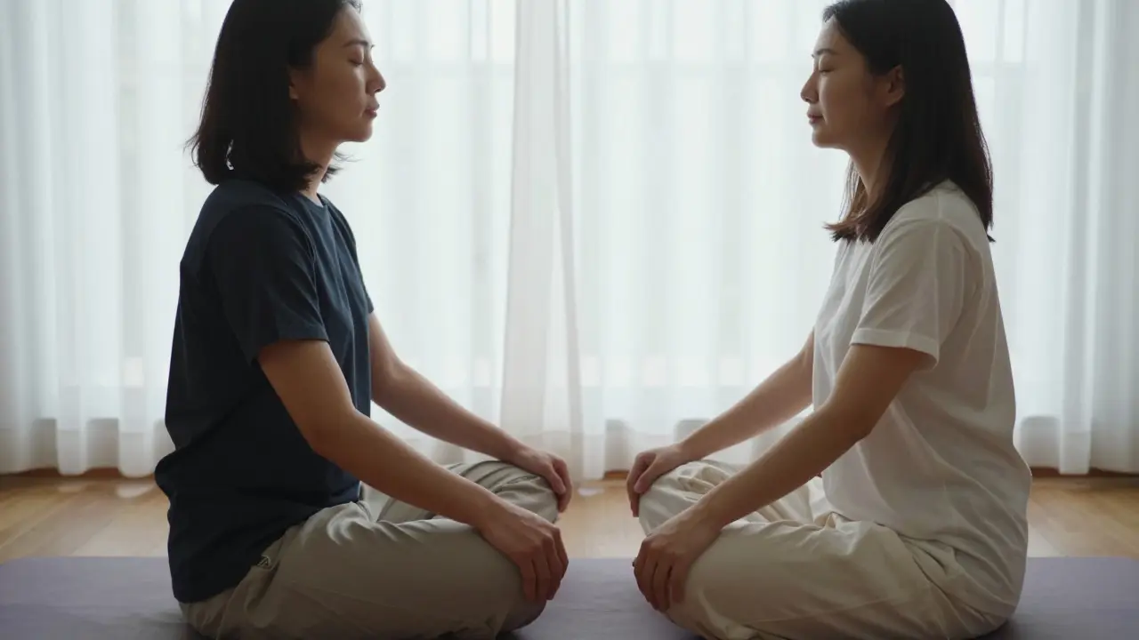 Dva lidé sedí čelem k sobě a dýchají společně, zavřené oči, klidná atmosféra.